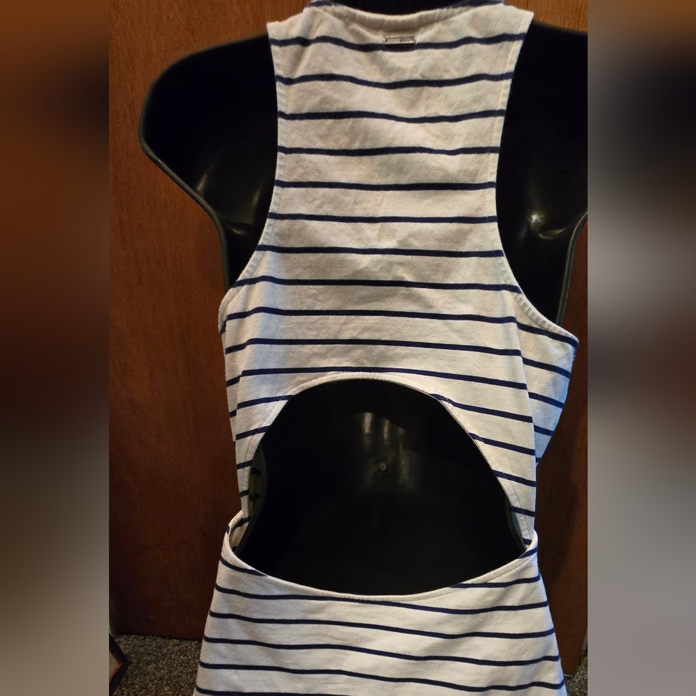 Roxy Blue & White Striped Stretchy Midi Dress SzL - Picture 6 of 8
